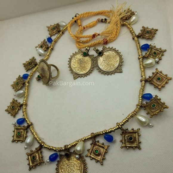 Afghan Tribal Vintage Hasli Pearls Choker Necklace With Coins Earrings and Ring - Picture 7 of 18